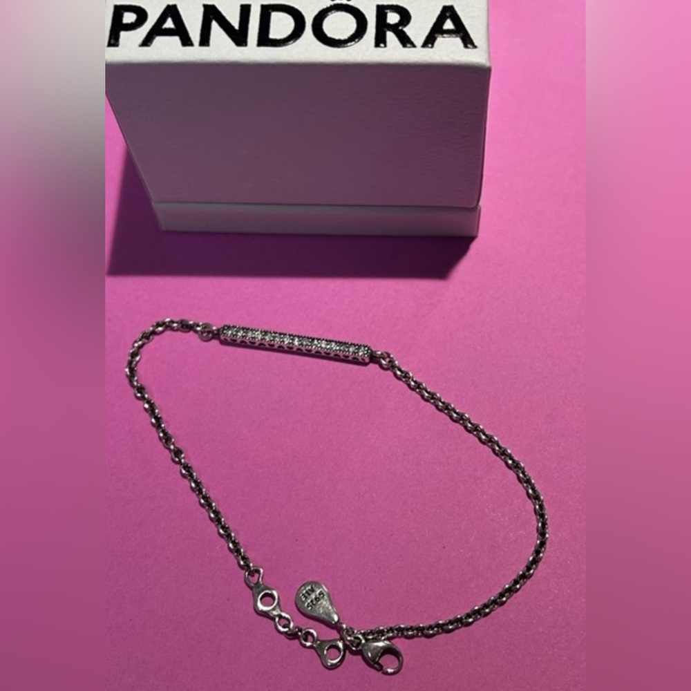 Authentic Hearts of Pandora Sterling Silver Thin Chain Bar Bracelet 2018